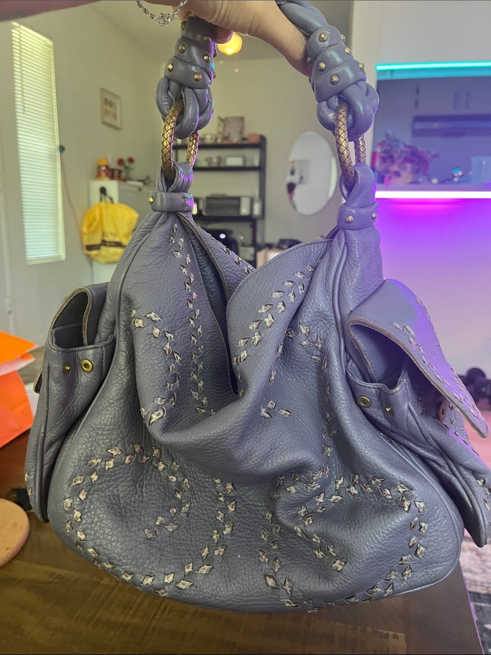 Bottega Veneta Braided-Handle Leather Shoulder Bag - Blueish Purple